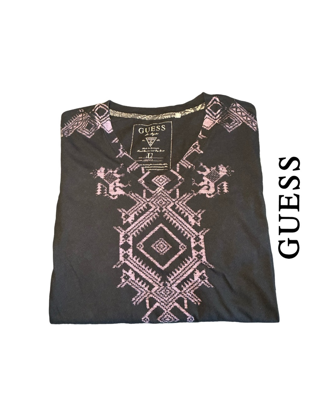 GUESS Men’s Black Short Sleeve V-Neck Tee w/Lavender Guatemalan Inspired Print